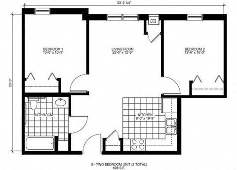Floor plan for 2 beds, 1 bath, 726 sqft